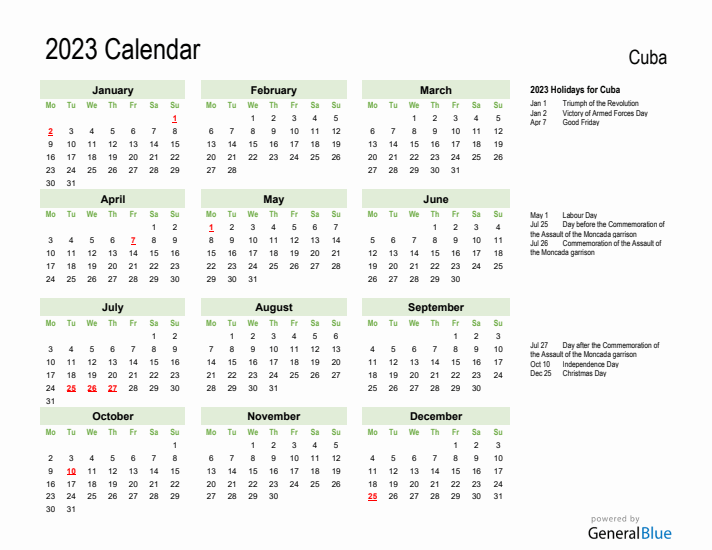 Holiday Calendar 2023 for Cuba (Monday Start)