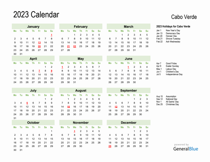 Holiday Calendar 2023 for Cabo Verde (Monday Start)
