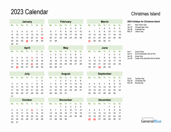 Holiday Calendar 2023 for Christmas Island (Monday Start)