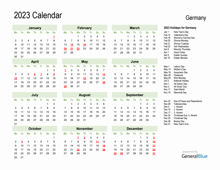 Holiday Calendar 2023 for Germany (Monday Start)
