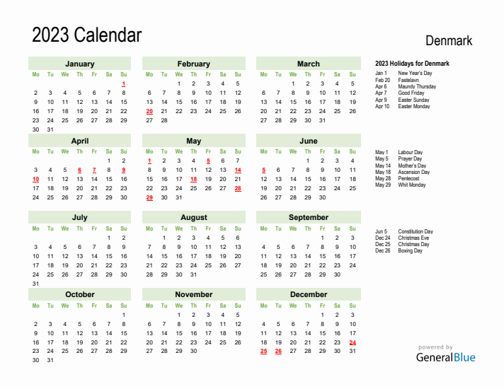Holiday Calendar 2023 for Denmark (Monday Start)