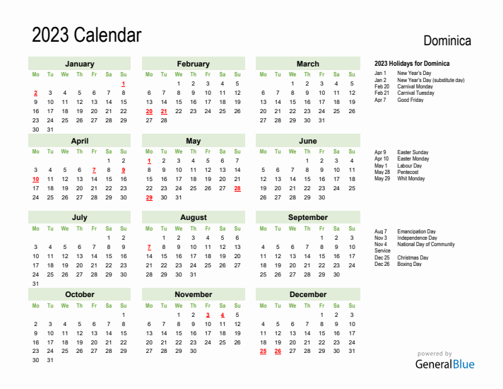 Holiday Calendar 2023 for Dominica (Monday Start)