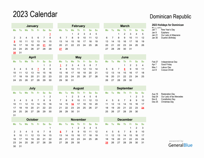 Holiday Calendar 2023 for Dominican Republic (Monday Start)