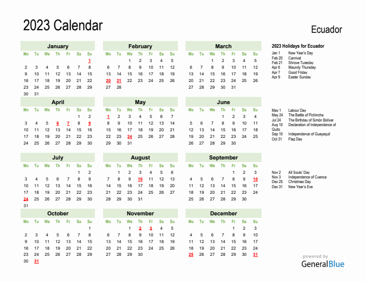 Holiday Calendar 2023 for Ecuador (Monday Start)