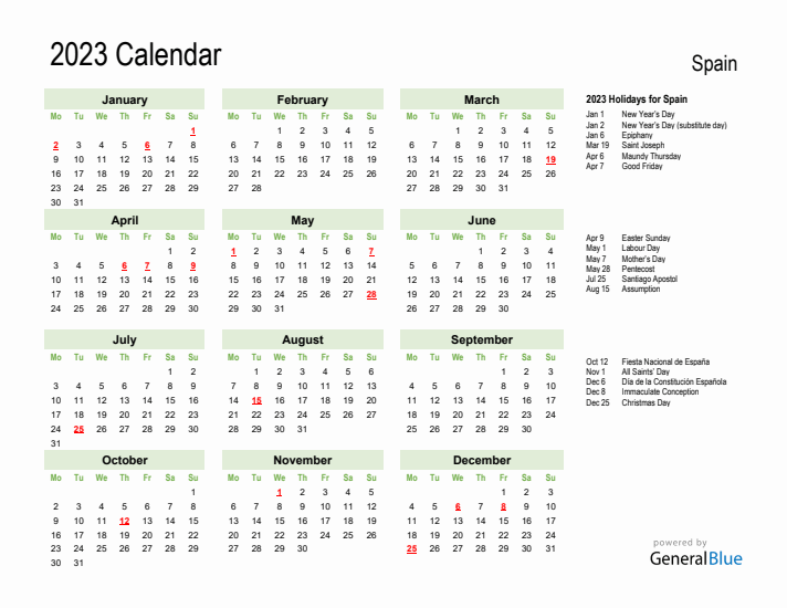 Holiday Calendar 2023 for Spain (Monday Start)