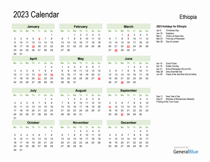 Holiday Calendar 2023 for Ethiopia (Monday Start)
