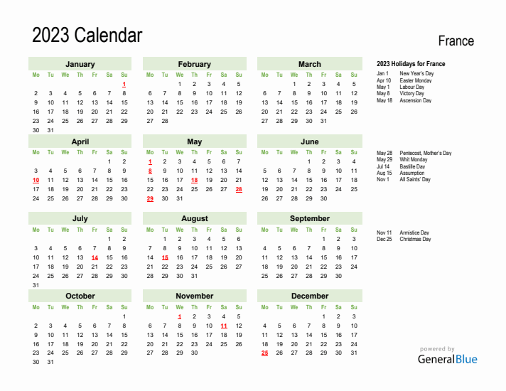 Holiday Calendar 2023 for France (Monday Start)