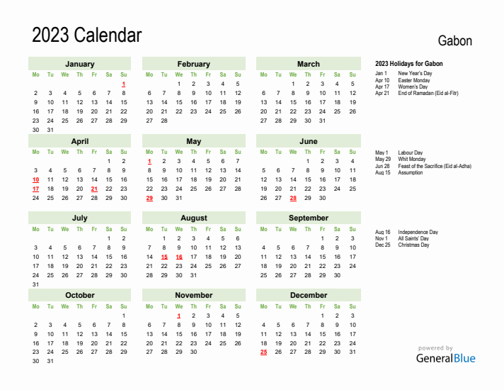 Holiday Calendar 2023 for Gabon (Monday Start)