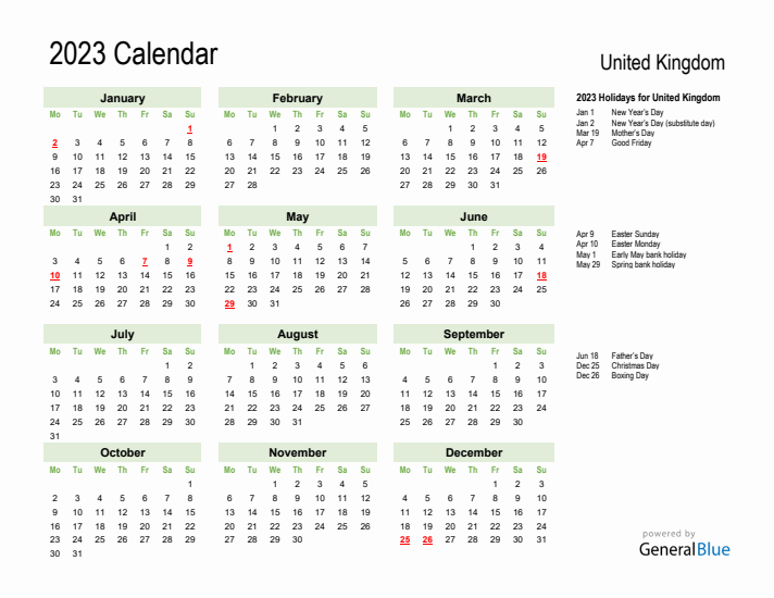 Holiday Calendar 2023 for United Kingdom (Monday Start)