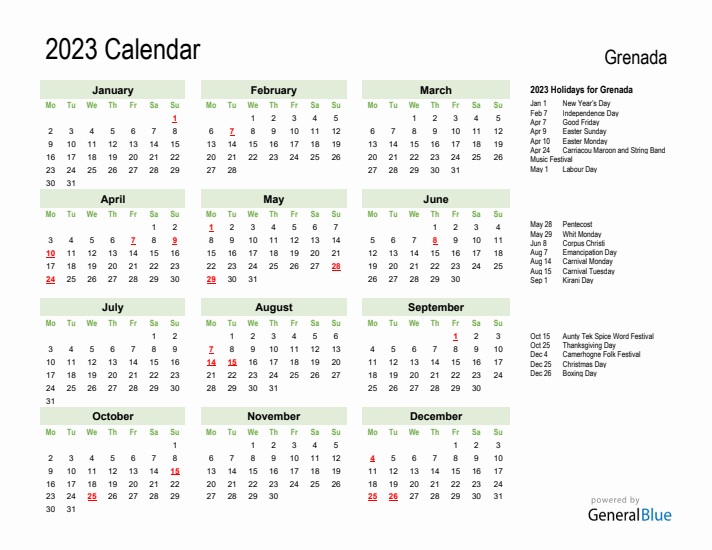Holiday Calendar 2023 for Grenada (Monday Start)