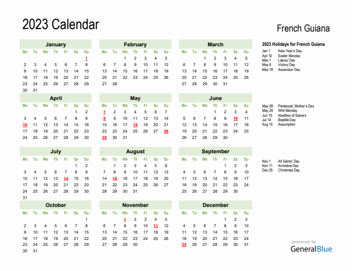 Holiday Calendar 2023 for French Guiana (Monday Start)