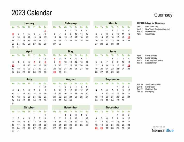 Holiday Calendar 2023 for Guernsey (Monday Start)