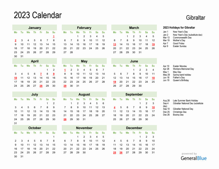 Holiday Calendar 2023 for Gibraltar (Monday Start)