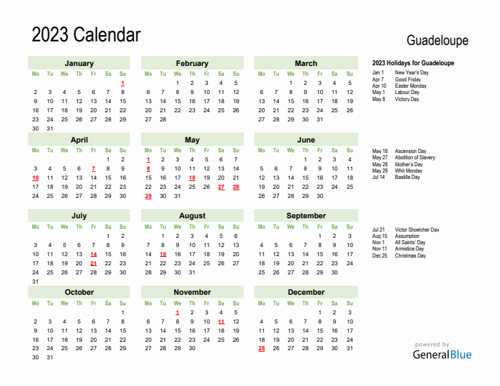 Holiday Calendar 2023 for Guadeloupe (Monday Start)