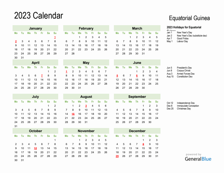 Holiday Calendar 2023 for Equatorial Guinea (Monday Start)