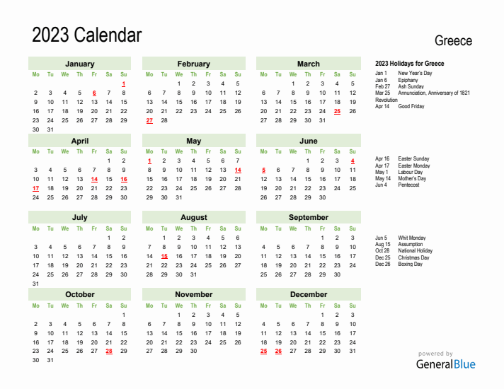 Holiday Calendar 2023 for Greece (Monday Start)