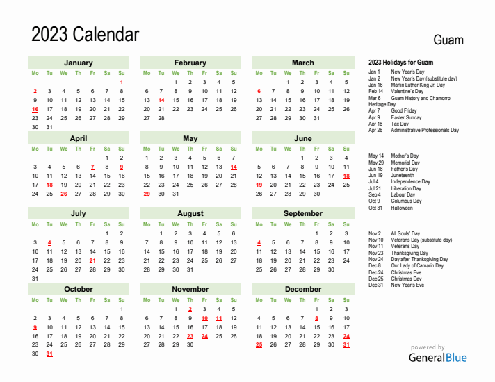 Holiday Calendar 2023 for Guam (Monday Start)