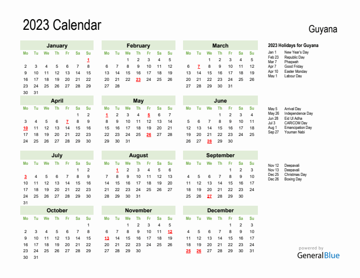 Holiday Calendar 2023 for Guyana (Monday Start)