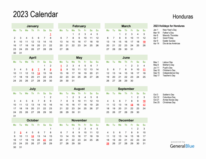 Holiday Calendar 2023 for Honduras (Monday Start)