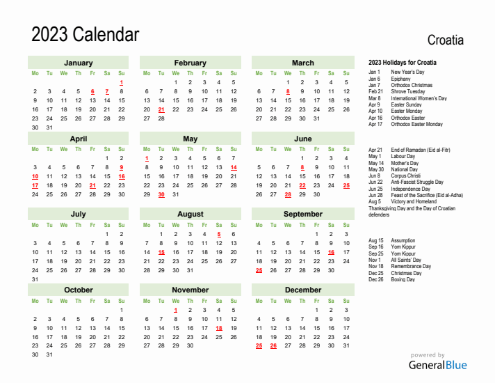 Holiday Calendar 2023 for Croatia (Monday Start)
