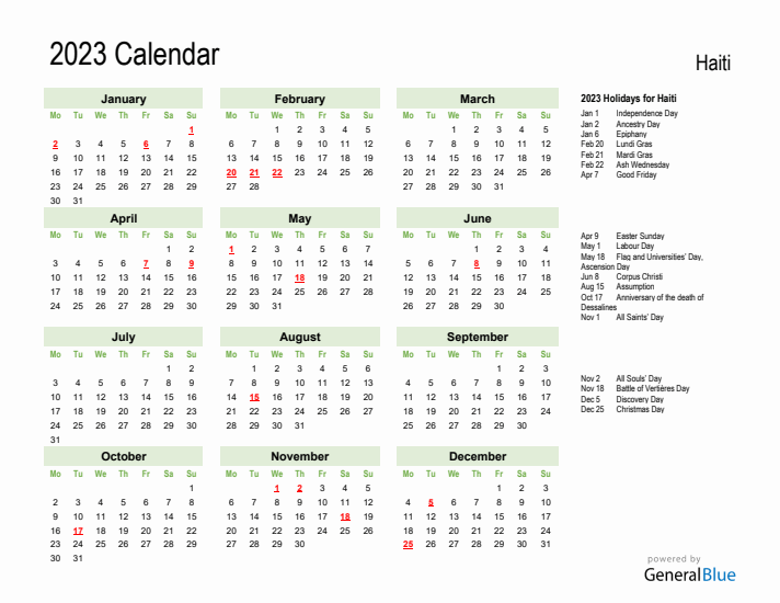 Holiday Calendar 2023 for Haiti (Monday Start)