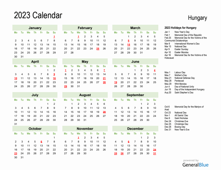 Holiday Calendar 2023 for Hungary (Monday Start)