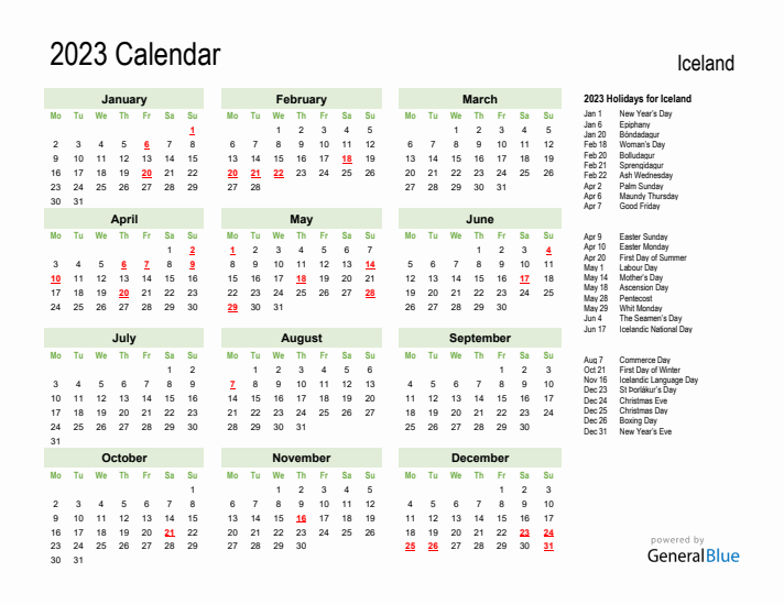 Holiday Calendar 2023 for Iceland (Monday Start)