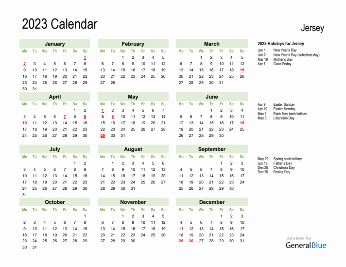 Holiday Calendar 2023 for Jersey (Monday Start)
