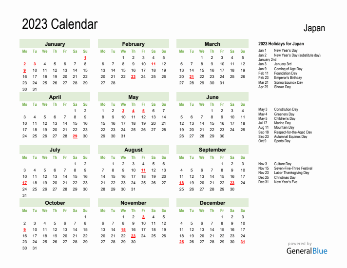 Holiday Calendar 2023 for Japan (Monday Start)