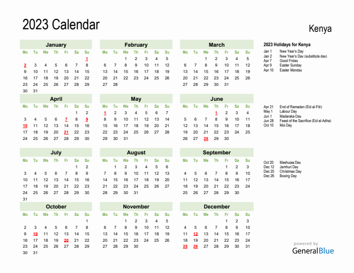 Holiday Calendar 2023 for Kenya (Monday Start)
