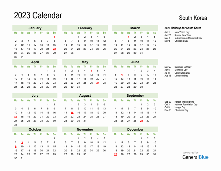 Holiday Calendar 2023 for South Korea (Monday Start)