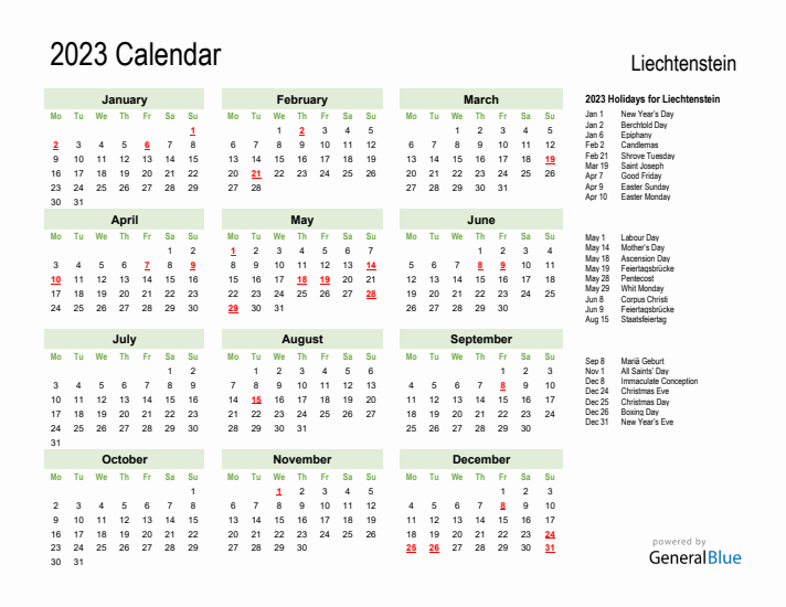Holiday Calendar 2023 for Liechtenstein (Monday Start)