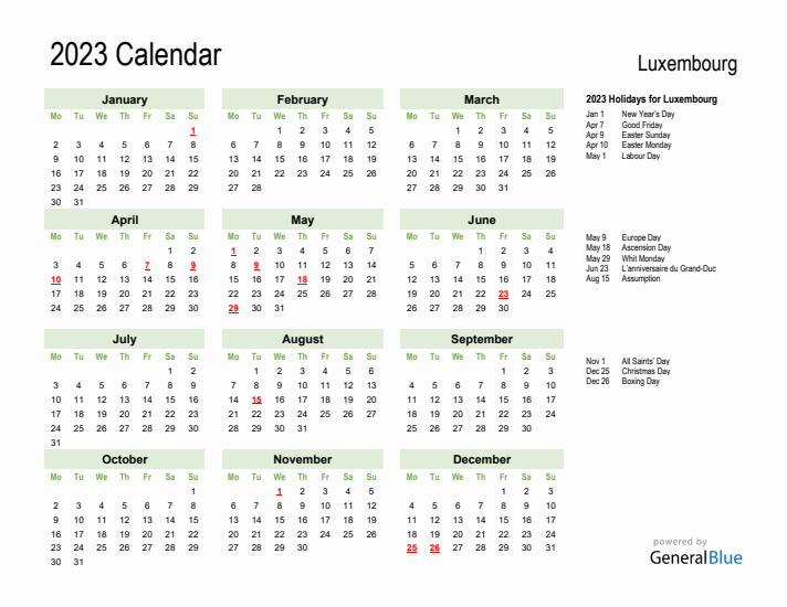 Holiday Calendar 2023 for Luxembourg (Monday Start)
