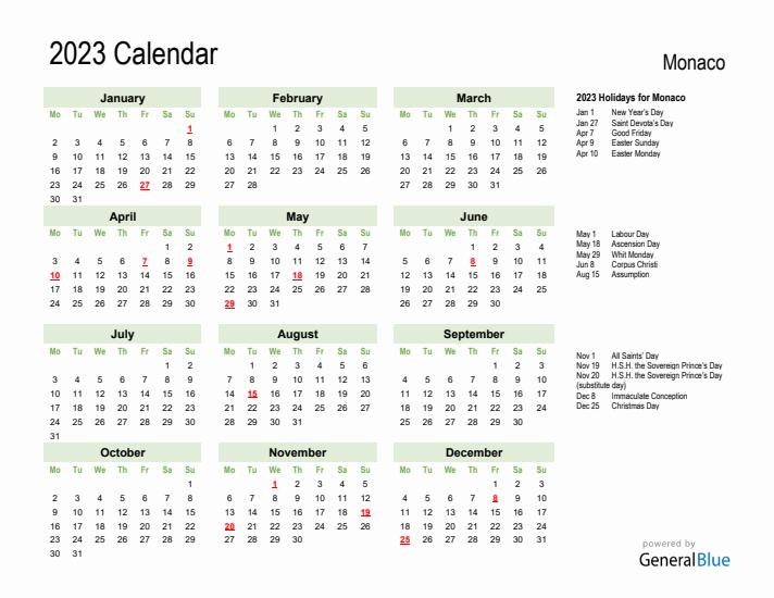 Holiday Calendar 2023 for Monaco (Monday Start)