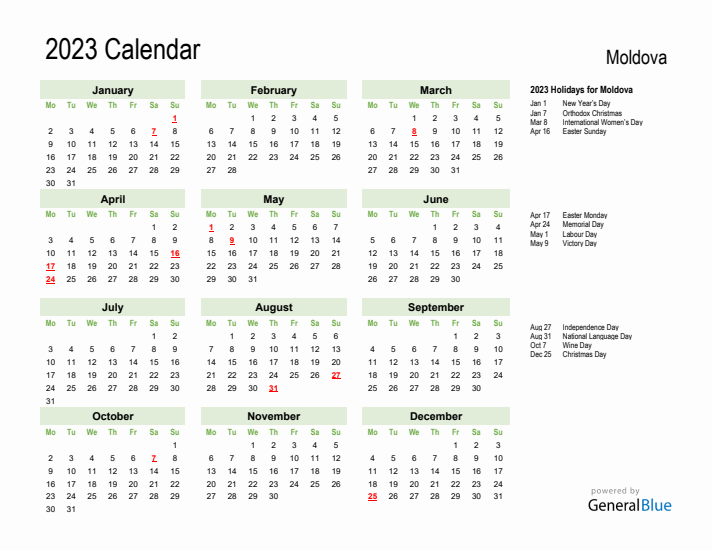 Holiday Calendar 2023 for Moldova (Monday Start)