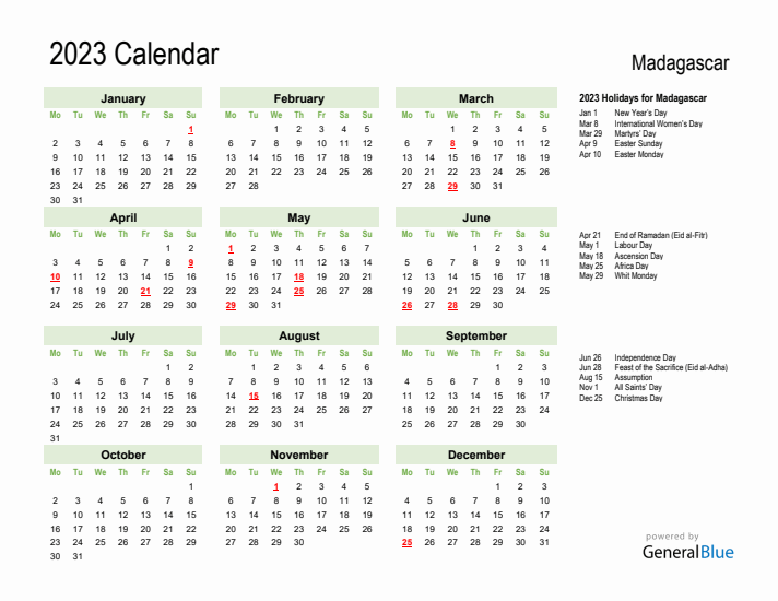 Holiday Calendar 2023 for Madagascar (Monday Start)