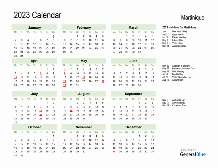 Holiday Calendar 2023 for Martinique (Monday Start)