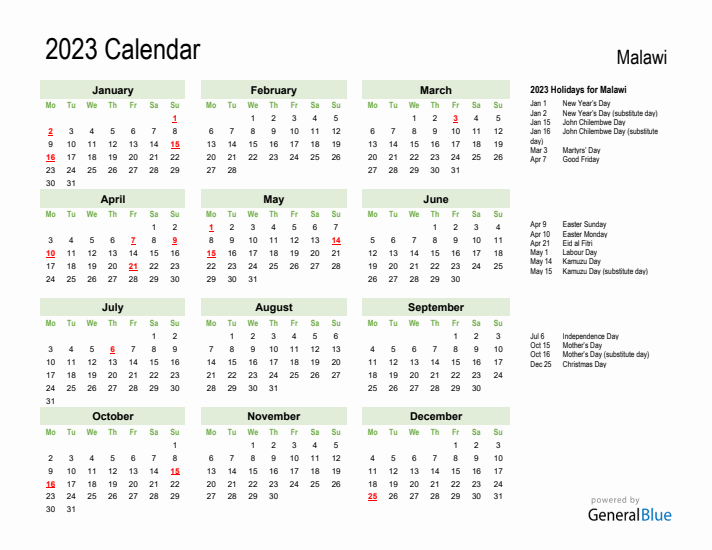 Holiday Calendar 2023 for Malawi (Monday Start)