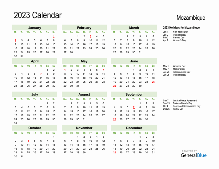 Holiday Calendar 2023 for Mozambique (Monday Start)