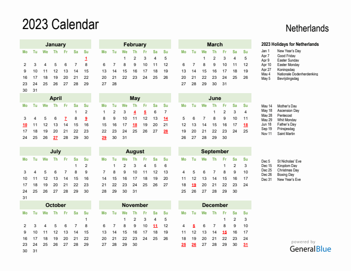 Holiday Calendar 2023 for The Netherlands (Monday Start)