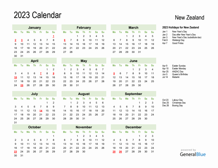 Holiday Calendar 2023 for New Zealand (Monday Start)