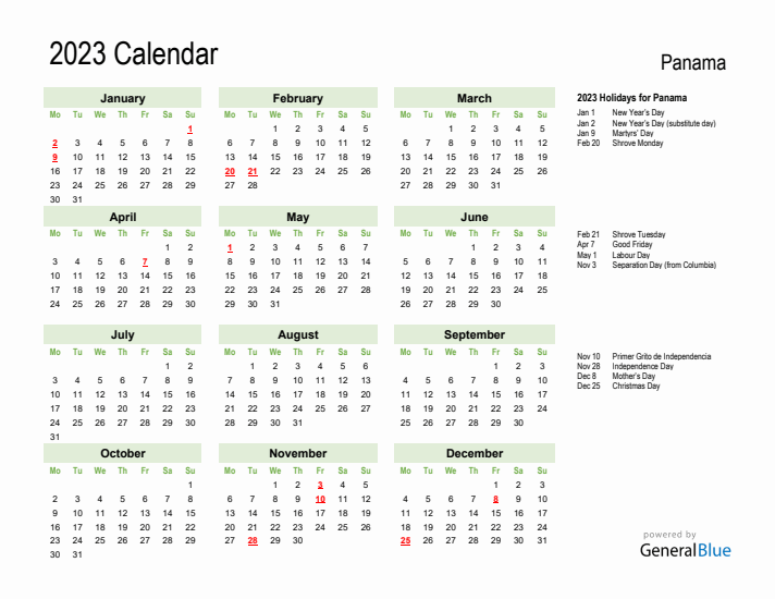 Holiday Calendar 2023 for Panama (Monday Start)
