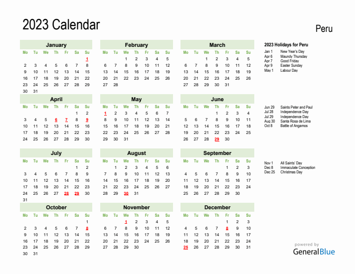 Holiday Calendar 2023 for Peru (Monday Start)