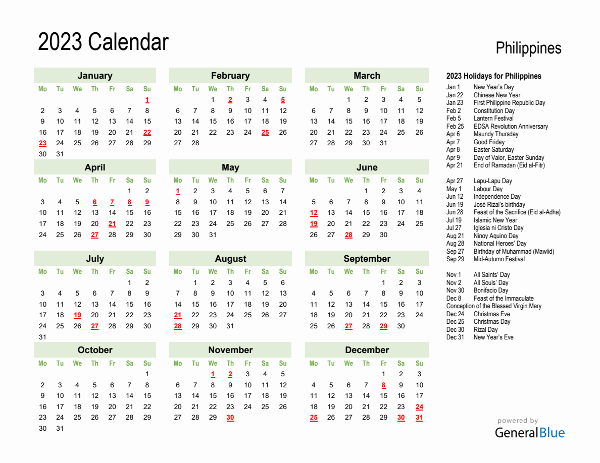 Holiday Calendar 2023 for Philippines (Monday Start)