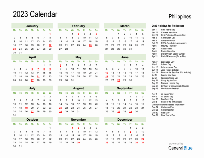 Holiday Calendar 2023 for Philippines (Monday Start)