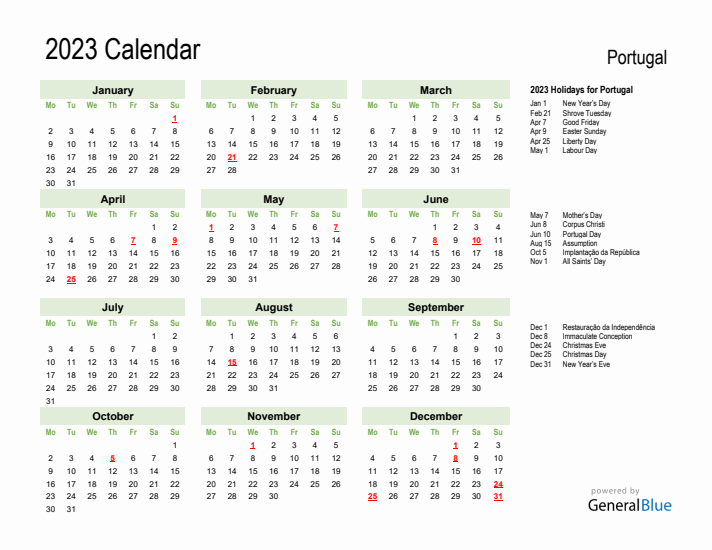 Holiday Calendar 2023 for Portugal (Monday Start)
