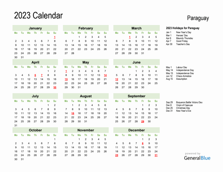 Holiday Calendar 2023 for Paraguay (Monday Start)