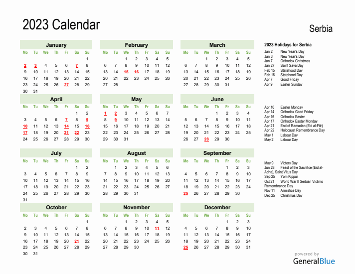 Holiday Calendar 2023 for Serbia (Monday Start)