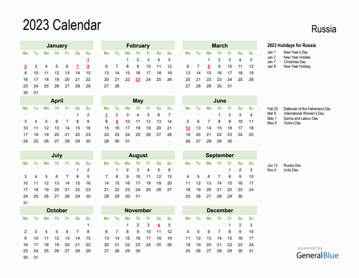Holiday Calendar 2023 for Russia (Monday Start)