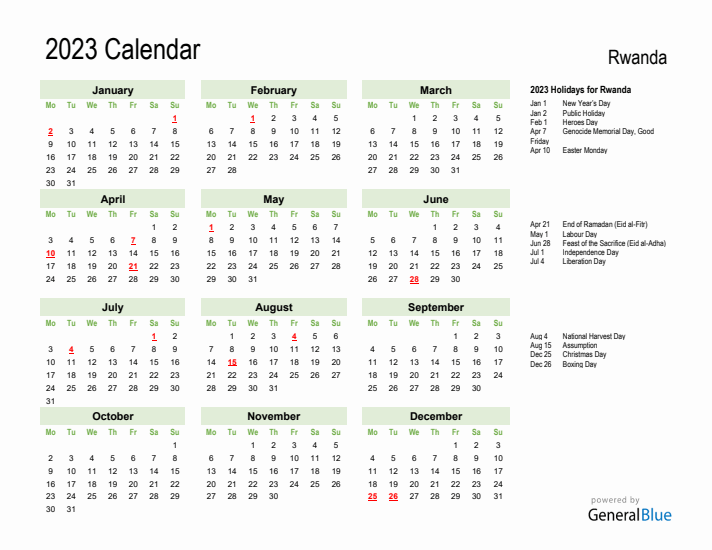 Holiday Calendar 2023 for Rwanda (Monday Start)